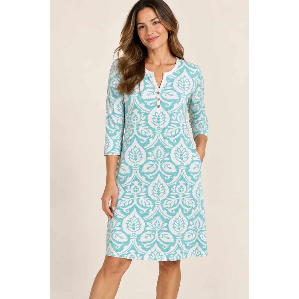 J McLaughlin Catalina Dress Womens S Aqua White Damask Henley 3/4 Sleeve Pockets